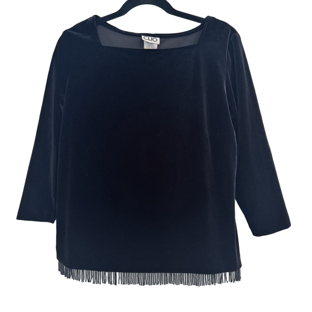 Vintage Clio Black Velvet Beaded Fringe Blouse Top M Square Neck